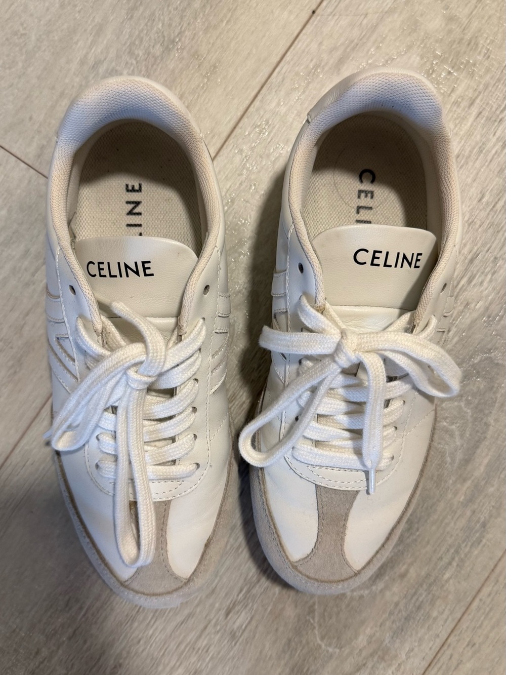 Celine White Leather & Suede Low-Top Sneakers with Neutral Suede Accents